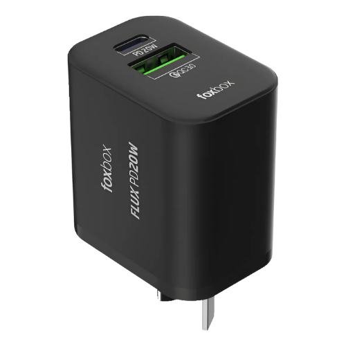 CARGADOR DE PARED FOXBOX FLUX 20W PD CON CABLE PRISM LIGHTNING NEGRO