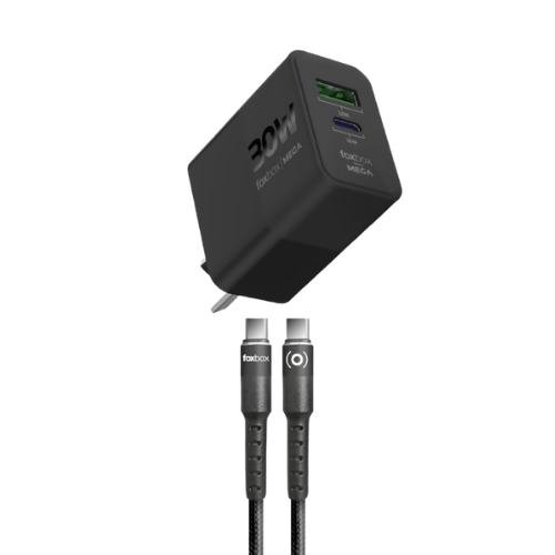 CARGADOR DE PARED GAN FOXBOX MEGA 30W CON CABLE ROUND PRO TYPE C NEGRO
