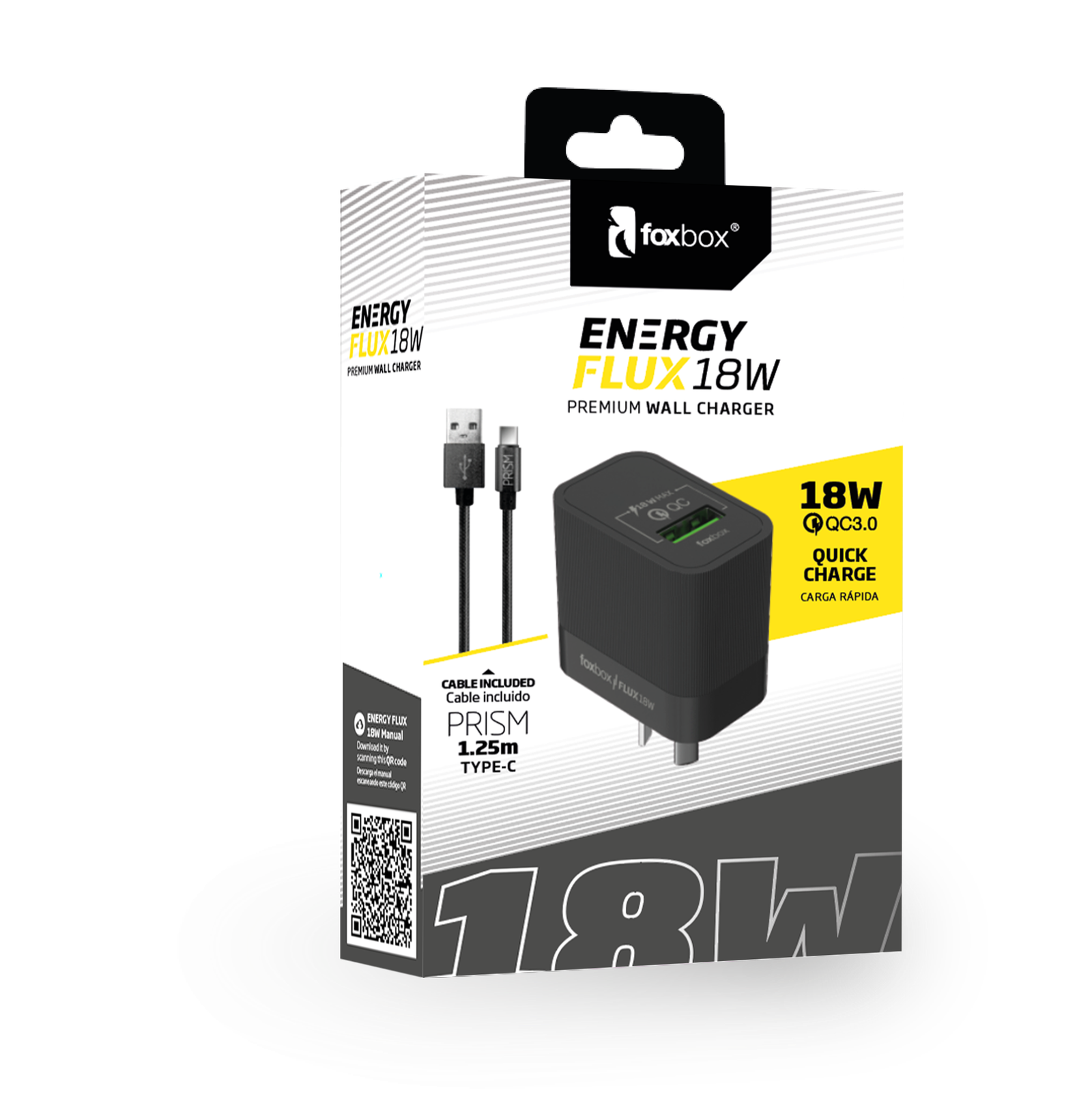 CARGADOR DE PARED FOXBOX FLUX 18W QC CON CABLE PRISM TYPE C BLANCO
