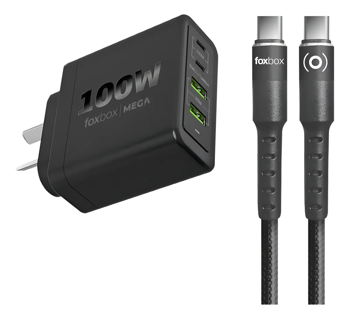 CARGADOR DE PARED GAN FOXBOX MEGA 100W CON CABLE ROUND ULTRA TYPE C NEGRO