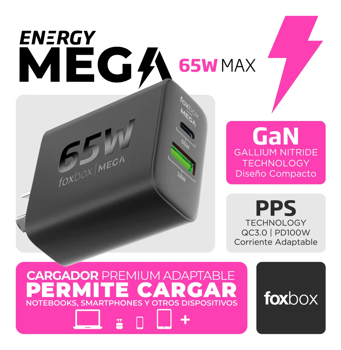 CARGADOR DE PARED GAN FOXBOX MEGA 65W CON CABLE ROUND PRO LIGHTNING NEGRO