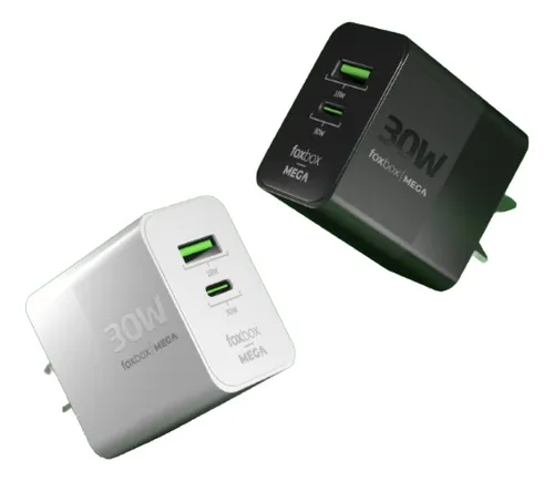 CARGADOR DE PARED GAN FOXBOX MEGA 30W CON CABLE ROUND PRO LIGHTNING BLANCO