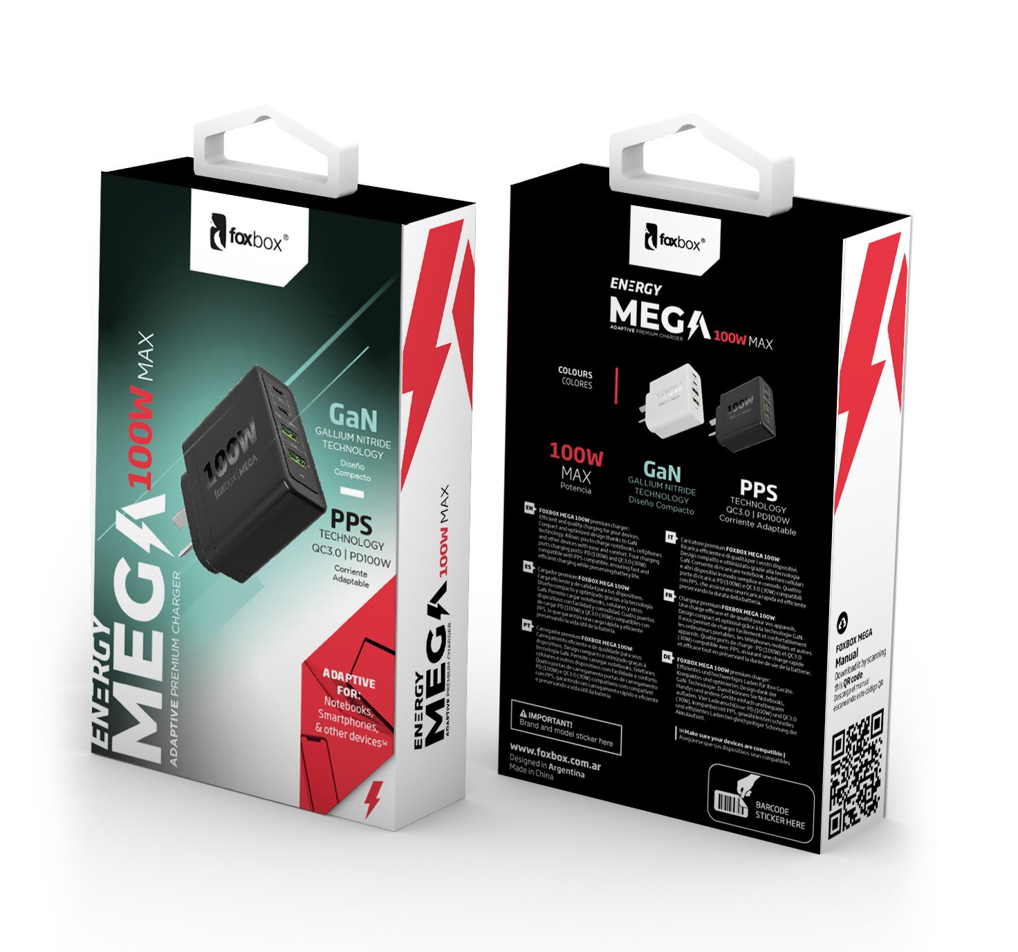 CARGADOR DE PARED GAN FOXBOX MEGA 100W NEGRO - Imagen 3
