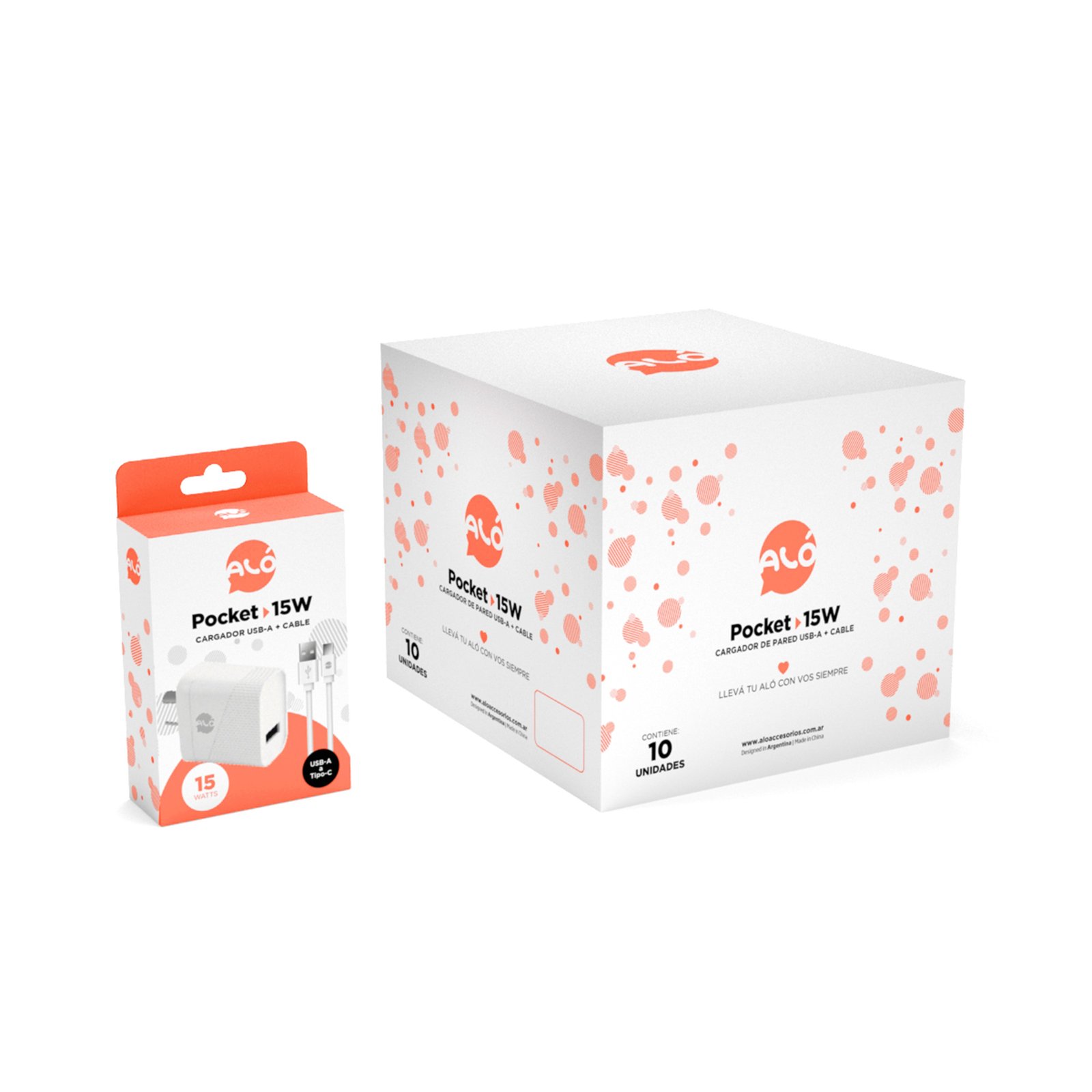 CARGADOR ALO POCKET 15W USB-A CON CABLE TYPE-C CAJA CERRADA 10 UNIDADES