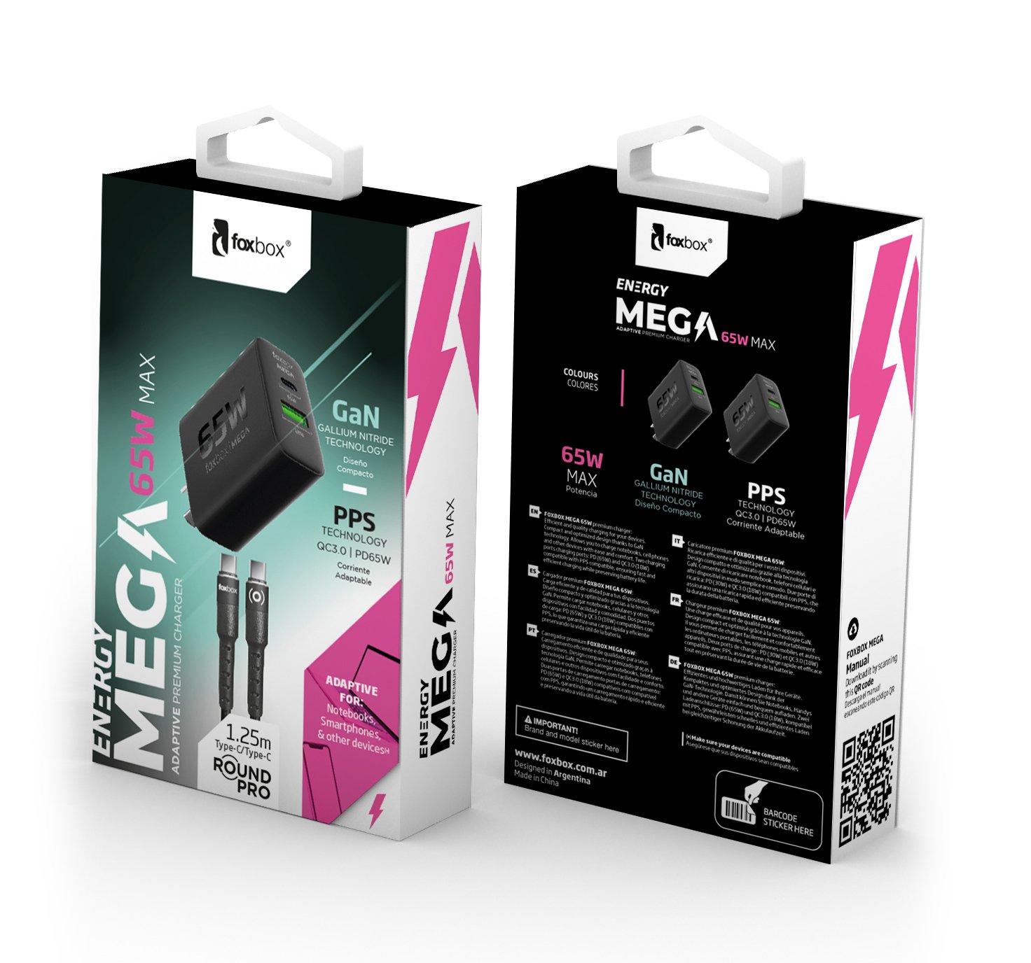 CARGADOR DE PARED GAN FOXBOX MEGA 65W CON CABLE ROUND PRO TYPE C BLANCO