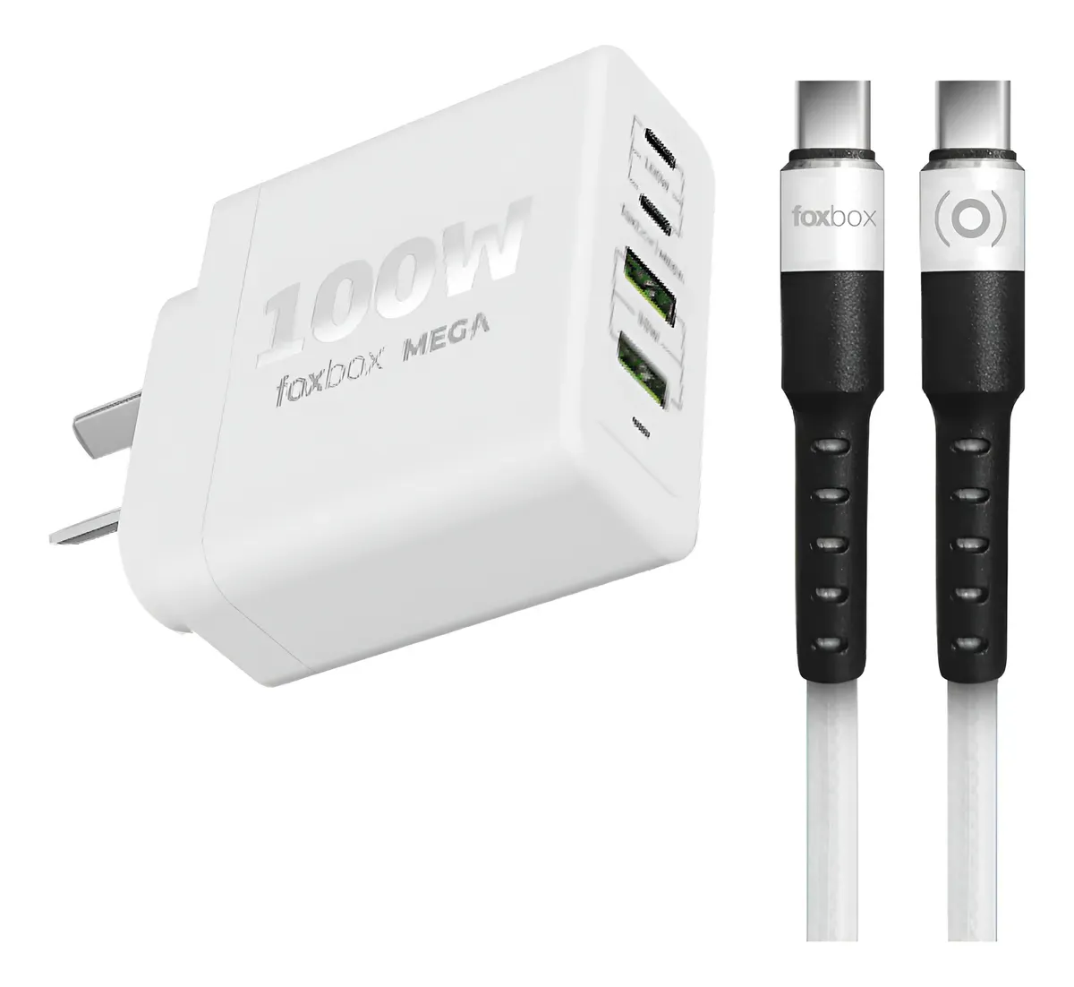 CARGADOR DE PARED GAN FOXBOX MEGA 100W CON CABLE ROUND ULTRA TYPE C BLANCO