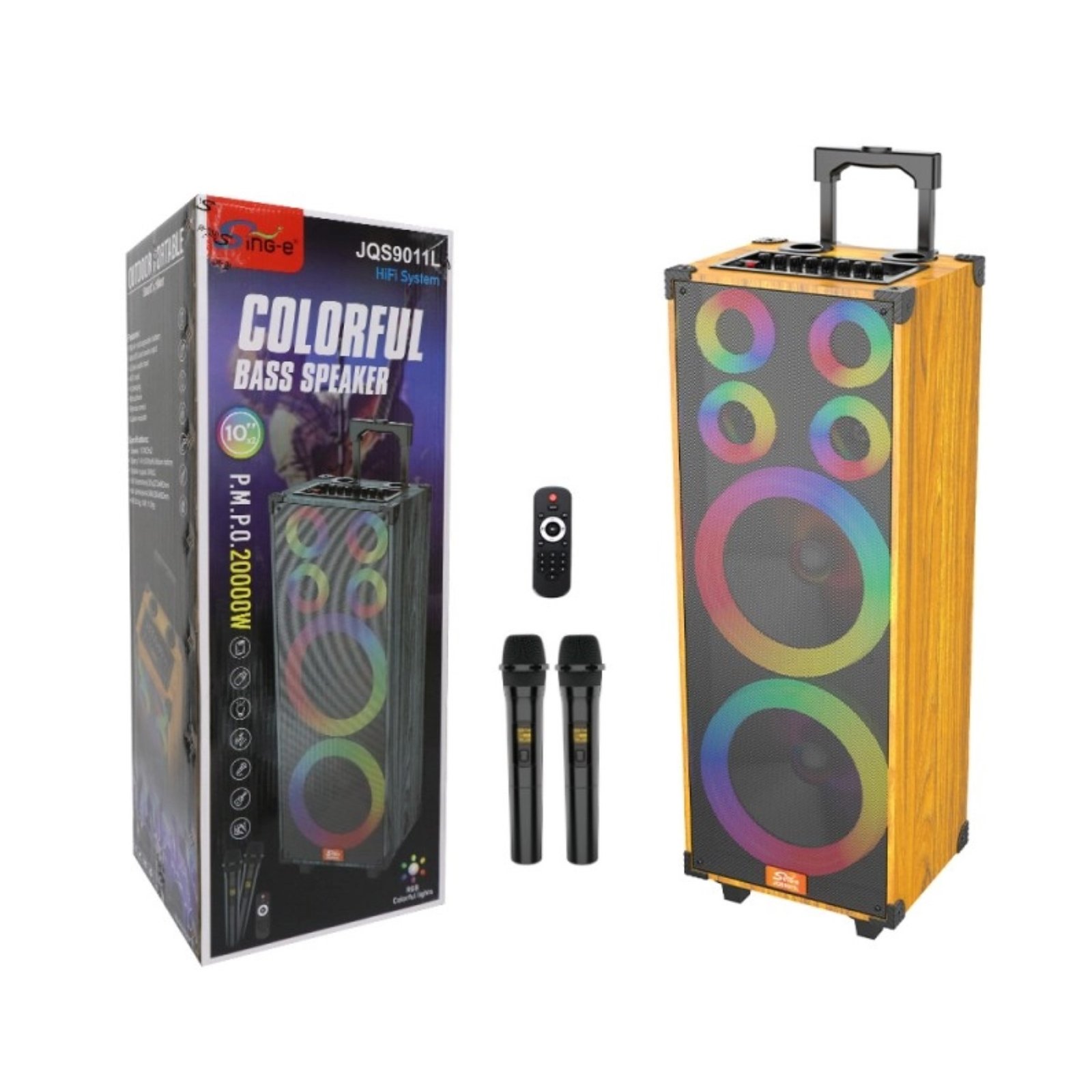 SING-e PARLANTE KARAOKE JQS 9011L -CON DOBLE MICROFONO INALAMBR-CONTROL- LUCES LED 60W