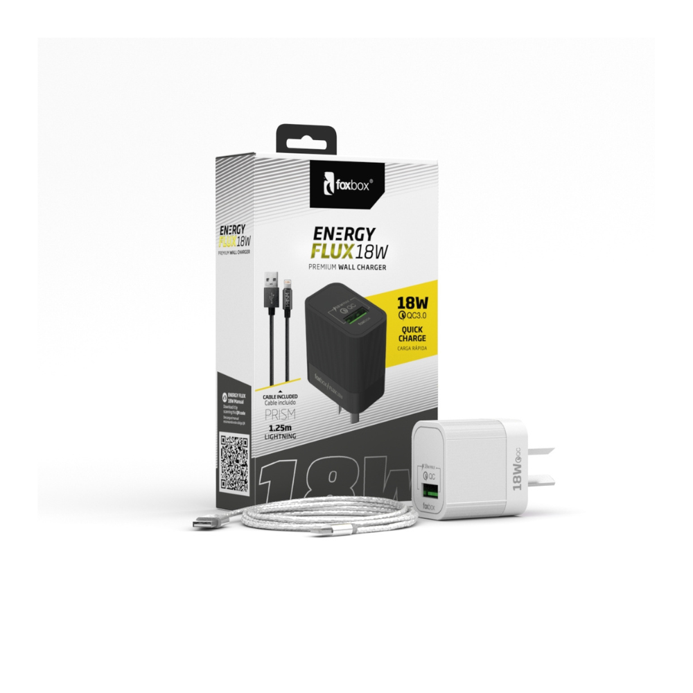 CARGADOR DE PARED FOXBOX FLUX 18W QC CON CABLE PRISM LIGHTNING