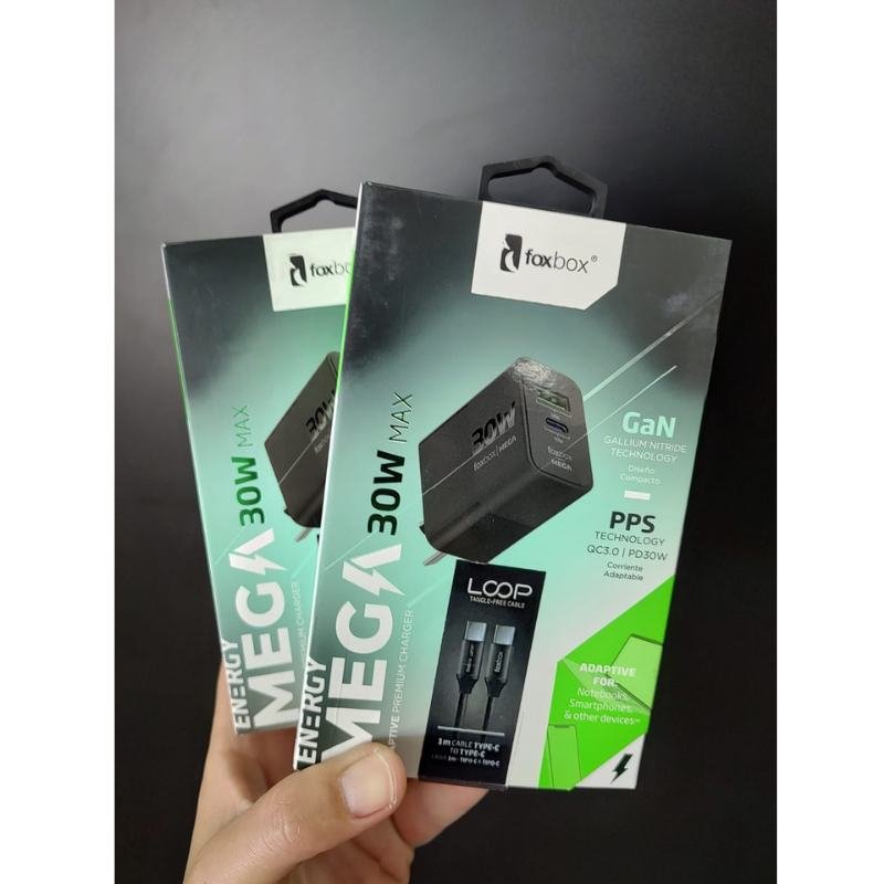 CARGADOR GAN FOXBOX MEGA 30W BLANCO CON CABLE LOOP C-C 60W NEGRO