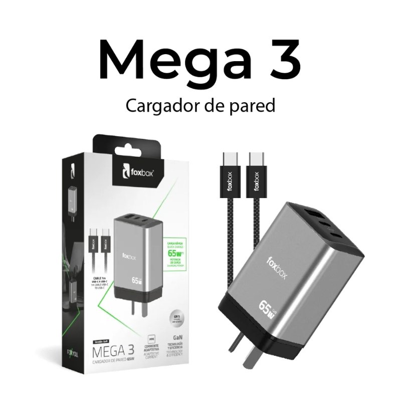 CARGADOR DE PARED FOXBOX MEGA 3 65W PD QC CON CABLE TIPO C A TIPO C