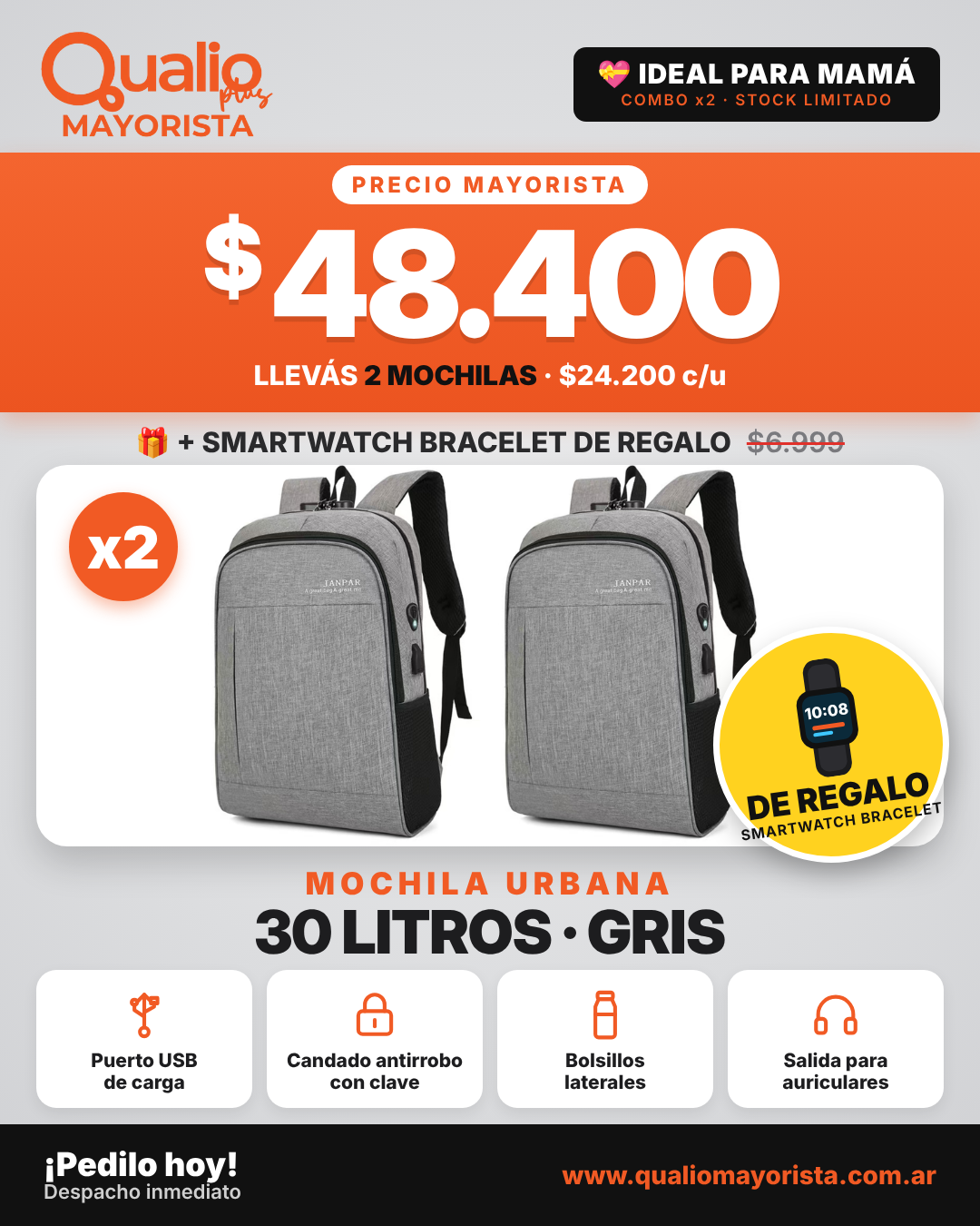 MOCHILA 30 LITROS CIERRE ANTIROBO GRIS X 2